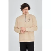 Erkek Yarım Fermuarlı Baskılı Sweat - Bej - 4