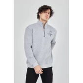 Erkek Yarım Fermuarlı Baskılı Sweat - Gri - 3