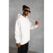 Erkek Düz Kapüşonlu Sweat - Beyaz - 1
