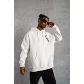 Unisex Kapşonlu Uzun Kol Baskılı Sweetshirt - Beyaz - 1