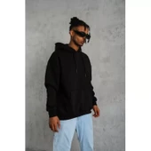 Erkek Düz Kapüşonlu Sweat - Siyah - 1
