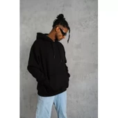 Erkek Düz Kapüşonlu Sweat - Siyah - 3