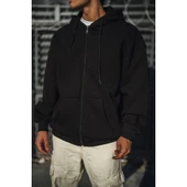 Oversize Tam Fermuarlı Uzun Kol Hırka - Siyah - 3