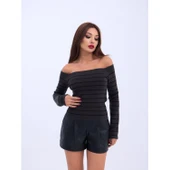 Lucky Life Kadın 06 TRİKO ÇİZGİLİ KAYIK YAKA CROP-ANTRASİT-SİYAH - 4