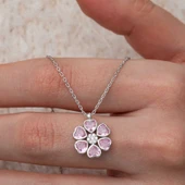 Lucky Life Kadın Gümüş Pembe Kalpli Çiçek Kadın Kolye - 1