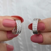 Gümüş Sıra Taşlı Halka Kadın Küpe - 2