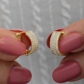 Gümüş Gold Baget Sıra Taşlı Halka Küpe - 1