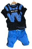 Erkek Çocuk W Harf Why Not Baskılı T-Shirt Mavi Şortlu Takım thumbnail 1