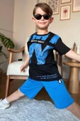 Erkek Çocuk W Harf Why Not Baskılı T-Shirt Mavi Şortlu Takım - 3