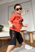 Erkek Çocuk Kedi ve Yazı Baskılı Turuncu T-Shirt Şortlu Takımı thumbnail 2