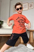 Erkek Çocuk Kedi ve Yazı Baskılı Turuncu T-Shirt Şortlu Takımı - 3