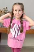 Kız Çocuk Love Kalp Baskılı T-Shirt Şerit Yazı Detaylı Pembe Eşofman Takım thumbnail 4