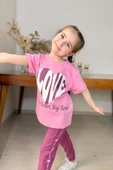 Kız Çocuk Love Kalp Baskılı T-Shirt Şerit Yazı Detaylı Pembe Eşofman Takım thumbnail 3