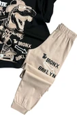 Erkek Çocuk Dinazor ve Kaykay Baskılı Yazı Detaylı Bej Pijama Takımı - 3