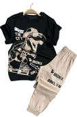 Erkek Çocuk Dinazor ve Kaykay Baskılı Yazı Detaylı Bej Pijama Takımı - 1