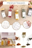 Madamev 12’li Stantlı Bambu Kapaklı Etiketli Cam Kare Formlu Baharatlık Takımı Serpme Başlıklı Baharatlık Set - 5