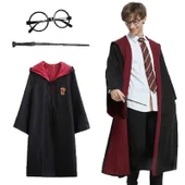 Harry Potter Gryffindor Kapişonlu Çocuk Kostüm + Asa + Gözlük Seti 9-10 Yaş - 1