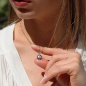 Nazar Boncuklu Lacivert Mine Işli Gold Kaplama Gümüş Kolye thumbnail 2