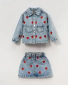 Bayramlık Kız Çocuk Kot Ceket & Etek Takımı I  Kalp Nakışlı Şık ve Rahat! I Kız Çocuk Jean Takımı - 3