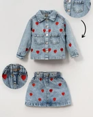 Bayramlık Kız Çocuk Kot Ceket & Etek Takımı I  Kalp Nakışlı Şık ve Rahat! I Kız Çocuk Jean Takımı - 1