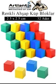 Renkli Ahşap Küp Bloklar 2.5x2.5 cm 32 Adet Ahşap Renkli Kare Blok Eğitici Geliştirici Oyuncak Küp Matematik Birim Küp - 1
