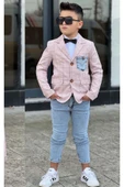 Erkek Çocuk Çizgili Blazer Ceket Kot Pantolon Pudra Şeker Alt Üst Takım thumbnail 3