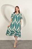 Viskon Kumaş Yaprak Desen Elbise-Zümrüt Yeşil thumbnail 3