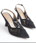 Feles Saten Dantel Taş Detaylı Arkası Açık Stiletto Kadın Topuklu Ayakkabı thumbnail 3