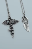 2'li Kılıç Yarasa Yılan Büyük Kanat Gümüş Kaplama Kolye Seti thumbnail 1