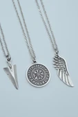 3'lü Triagle Ok Ucu Viking Pusula Büyük Kanat Gümüş Kaplama Kolye Seti thumbnail 1