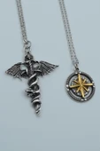 2'li Kılıç Yarasa Yılan Pusula Kutup Yıldızı Gümüş Kaplama Kolye Seti thumbnail 1