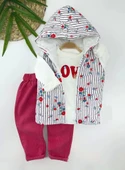 Eterelle 3-4-5-6 Yaş Kapşonlu Fermuarlı Çiçekli Şişme Yelek Sweat Pantolonlu 3lü Kız Erkek Çocuk Takımı Pembe - 1
