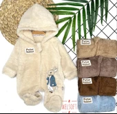 Eterelle 3-6-9-12 Ay Rabbit Tavşan Nakışlı Fermuar Kapamalı Patikli Tüylü Erkek Bebek Tulumu Krem - 1