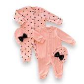 Eterelle 0-3 3-6 6-9 Ay Payetli Şapka Çıtçıt Kapamalı Puantiyeli Ve Düz 2 Li Kombin Kız Bebek Tulumları Somon - 1