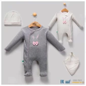 Eterelle Tavşan Desenli Fiyonklu Kız Bebek 4'lü Tulum Seti 100% Pamuk thumbnail 1