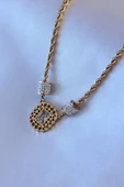 HEYF 316L Çelik Gold Renk Lotus Model Zirkon Taşlı Burgu Zincir Kadın Kolye - 1