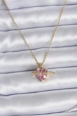 HEYF 316L Çelik Gold Renk Zincir Pembe Kristal Kalp Model Zirkon Taş Detay Kadın Kolye thumbnail 1