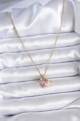 HEYF 316L Çelik Gold Renk Zincir Pembe Kristal Kalp Model Zirkon Taş Detay Kadın Kolye thumbnail 2
