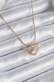 HEYF 316L Çelik Gold Renk Zirkon Taşlı Boynuz Model Kadın Kolye - 1