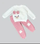 Eterelle 1-2-3 Yaş Kulaklı Patili Ayıcık Kuzu Kumaş Sweat Patili Pantolon Uzun Kollu Kız Erkek 2 Li Takımı Gül Kurusu - 1