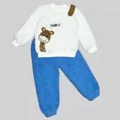 Eterelle 1-2-3 Yaş Hello Zürafa Nakışlı Kuzu Kumaş Sweat Pantolon Uzun Kollu Kız Erkek 2 Li Takımı Saks Mavisi - 1