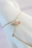 HEYF 316L Çelik Gold Renk Pembe Zirkon Taşlı Kanatlı Kalp Model Şahmeran - 2