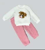 Eterelle 1-2-3 Yaş Mutlu Köpekcik Nakışlı Kuzu Kumaş Sweat Patili Pantolon Uzun Kollu Kız Erkek 2 Li Takımı Gül Kurusu - 1