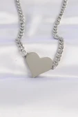 HEYF 316L Çelik Zincir Gümüş Renk Düz Plaka Kalp Kolye thumbnail 1