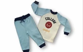 Eterelle 9-12 12-18 18-24 24-36 Ay College Baskılı 3 İplik Kumaş Uzun Kollu Sweatli 2li Erkek Bebek Takımı Mavi - 1