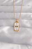 HEYF 316L Çelik Gold Renk Beyaz Mineli Göz Figür Tarot Kolye - 1