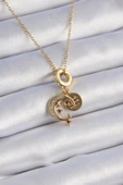 HEYF 316L Çelik Gold Renk Zirkon Taşlı Ay Yıldız  Model Charm Model Kadın Kolye thumbnail 1
