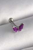 HEYF 316L Çelik Gümüş Renk Mor Kelebek Model Tragus Piercing - 1