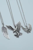 3'lü Kartal Büyük Kanat Gümüş Kaplama Kolye Seti  - thumbnail 1