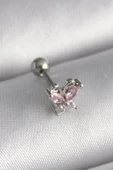HEYF 316L Çelik Gümüş Renk Pembe Zirkon Taşlı Kelebek Tragus Piercing - 1
